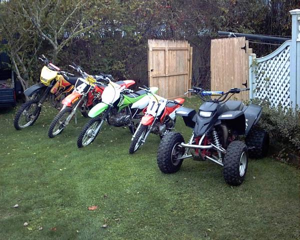 Family's bikes...
2002 Suzuki DRZ400, 2001 Honda CR85, 2006 Kawasaki KLX125, 2005 Honda CRF70, 2004 Yamaha Blaster