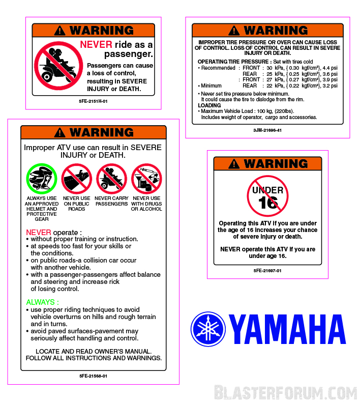 Yamaha Blaster Warning Stickers